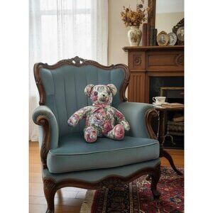 Floral Upholstered Teddy Bear With Pink Bow 15" Handmade Decorative Plush Keepsa